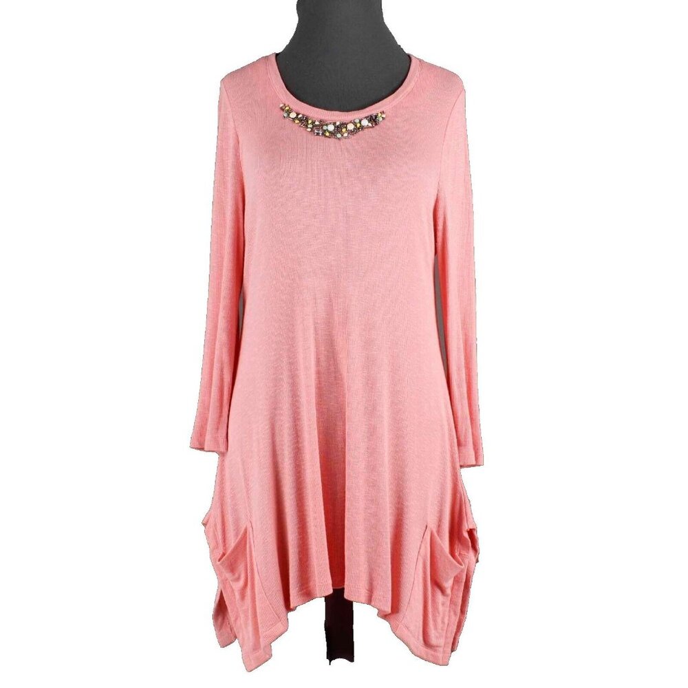 Cass $49 Sz M Peach Jeweled Neck Asymmetric Pockets Rayon Blend Knit Top
